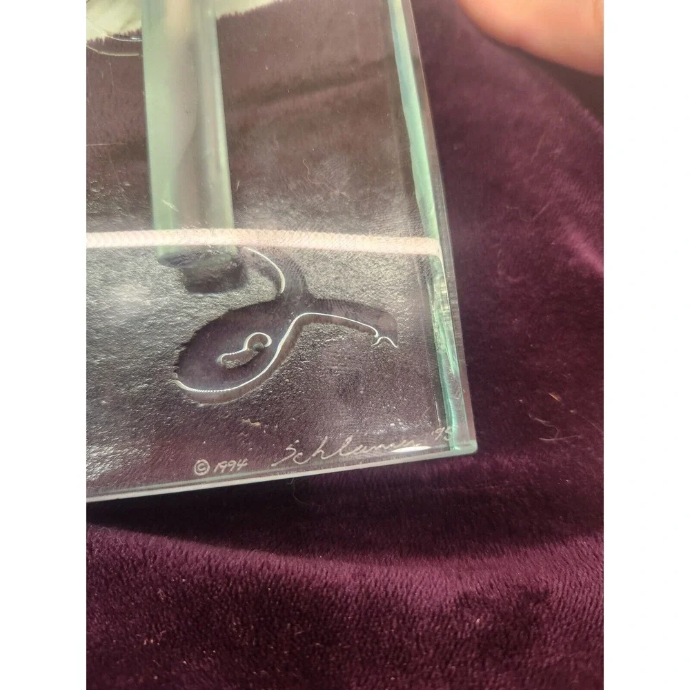 Vtg. Stephen Schlanser Art Glass Etched Square‎ Bud Vase Pen Holder Signed Dated